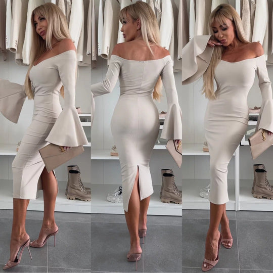 Damen Wickelkleid mit schulterfreiem Design und eleganten Trompetenärmeln Heidi-Mode