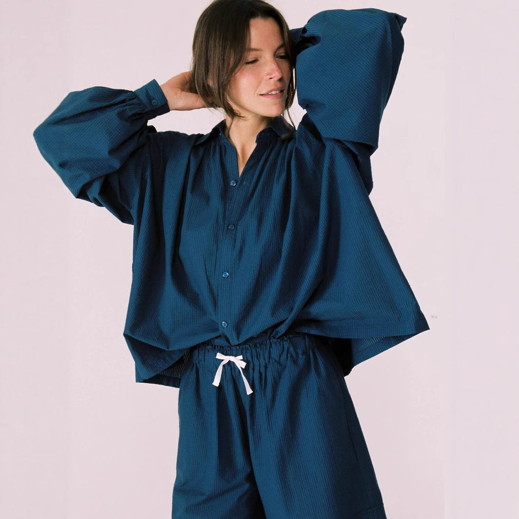 Damen lässiges Kombi-Outfit mit lockerer Bluse und Shorts Heidi-Mode