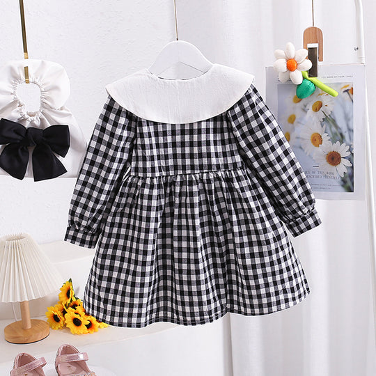 Mädchen Gingham Karierte Kleid mit Eleganter Peter Pan Kragen Heidi-Mode