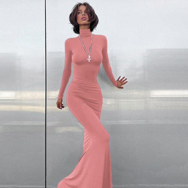 Damen elegantes Maxikleid mit figurbetonter Silhouette und hohem Kragen Heidi-Mode
