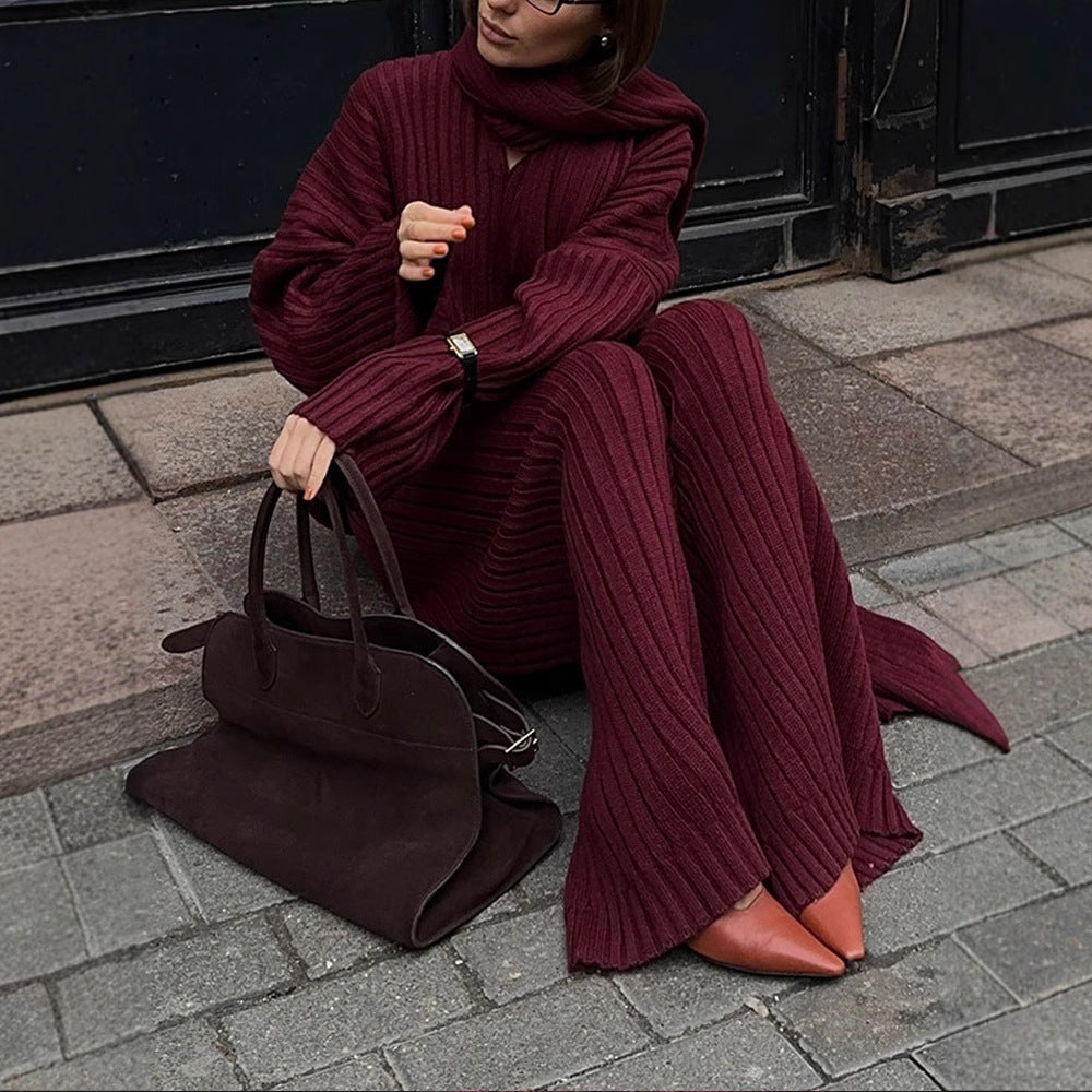 Damen Strickstoff Zweiteiler mit weitem Bein und oversized Oberteil Heidi-Mode