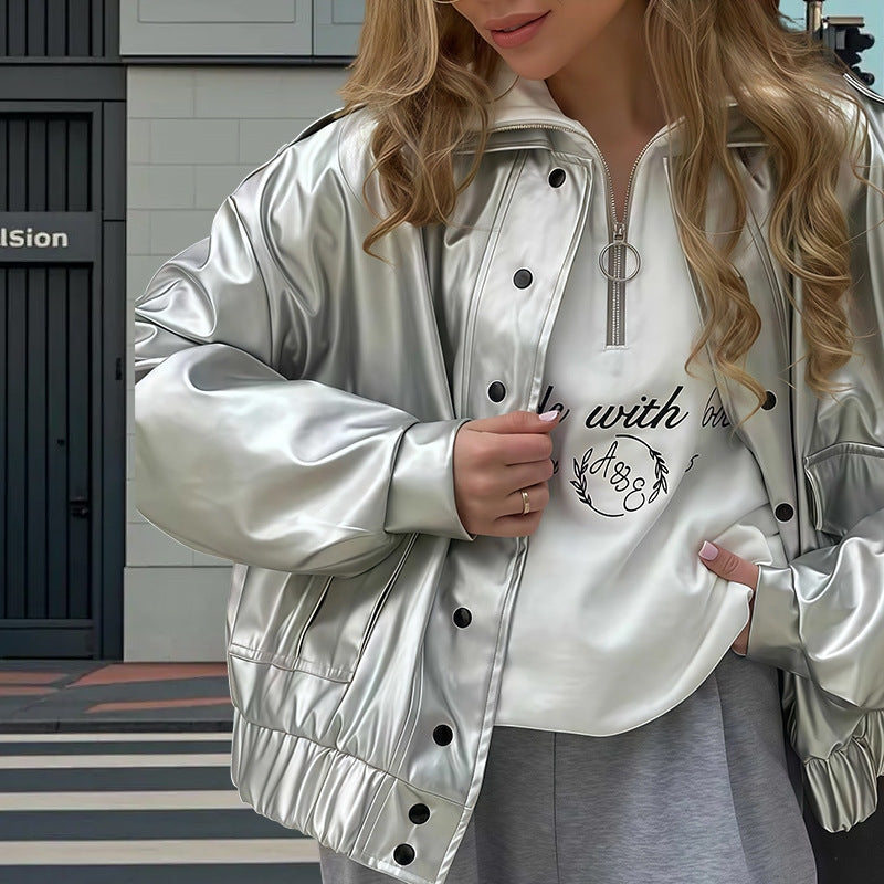 Damen Oversized Kunstlederjacke mit dekorativen Taschen und modischer Schnürung Heidi-Mode