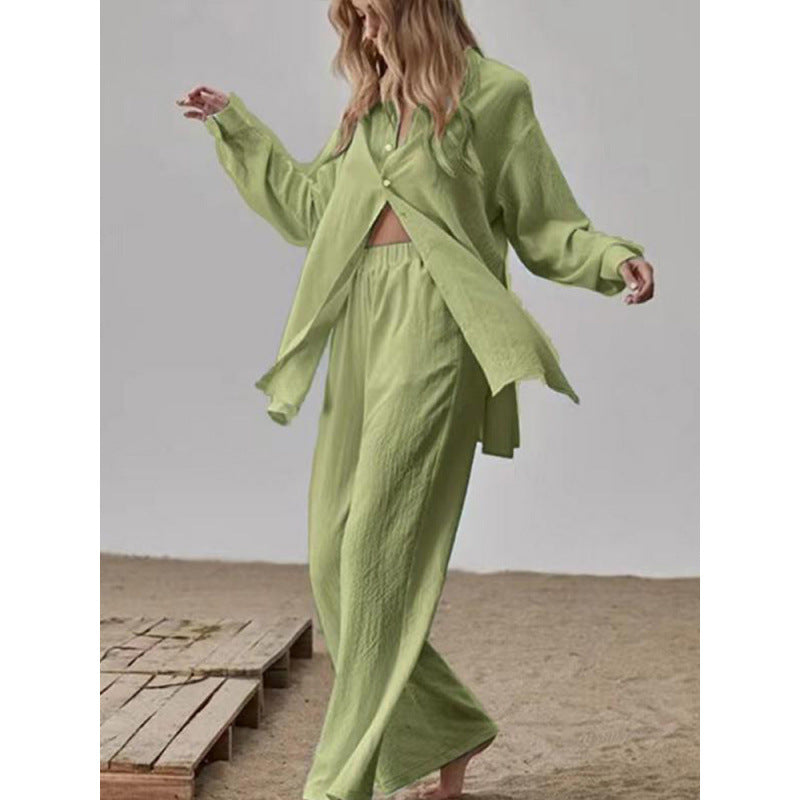Damen Satin Pyjama Set mit langärmliger Bluse und weiten Hosen Heidi-Mode
