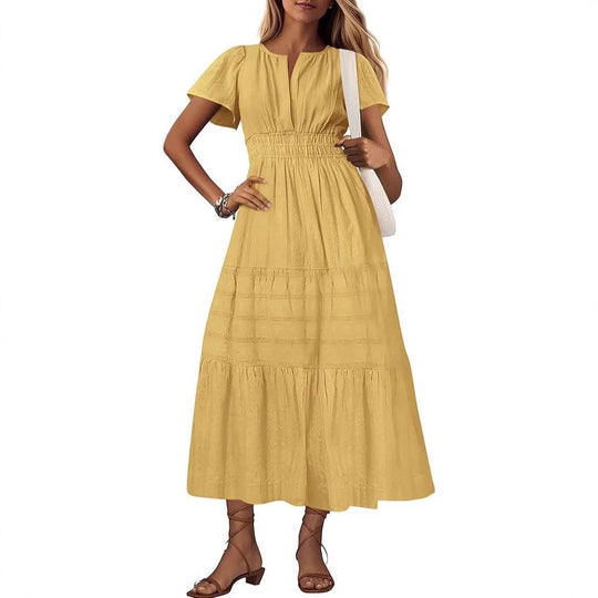 Damen Maxikleid mit modischem V-Ausschnitt und luftigen Rüschen Heidi-Mode