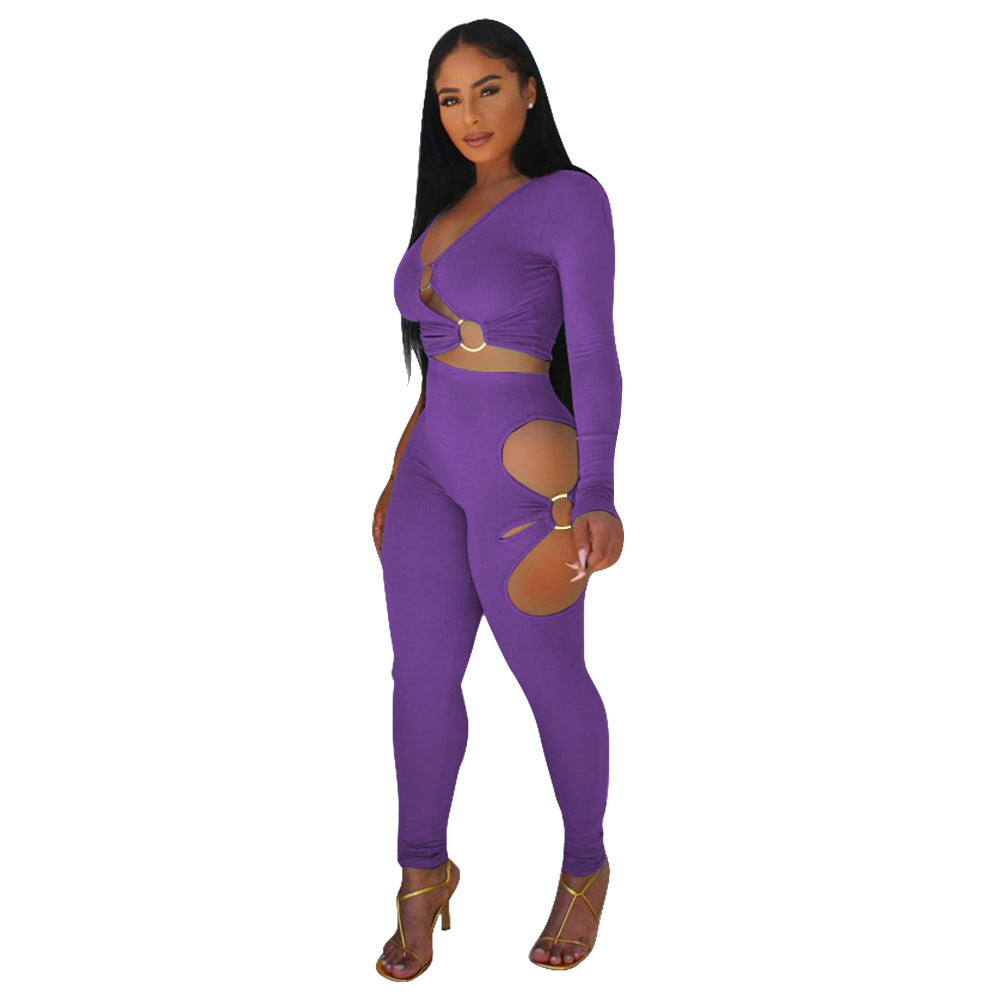 Damen Cut-Out Jumpsuit mit schimmerndem Design und langem Arm Heidi-Mode