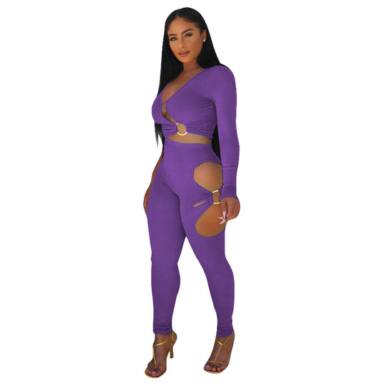 Damen Cut-Out Jumpsuit mit schimmerndem Design und langem Arm Heidi-Mode