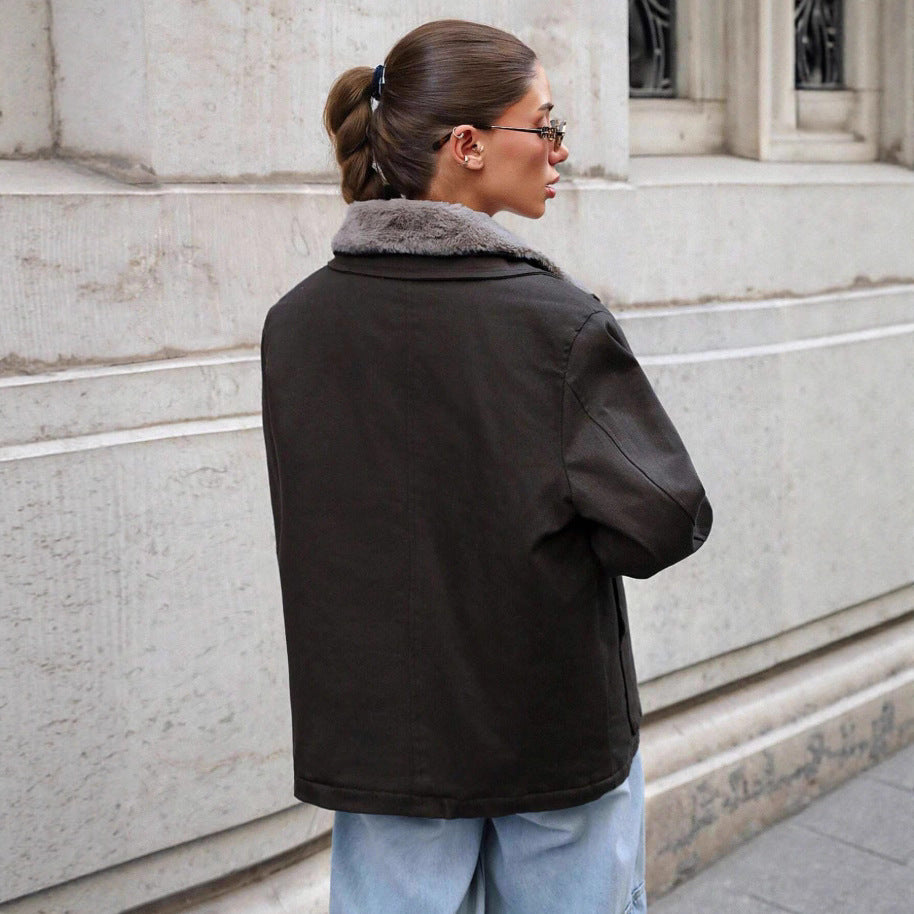 Damen lässige Übergangsjacke mit Kunstfellkragen und praktischen Taschen Heidi-Mode