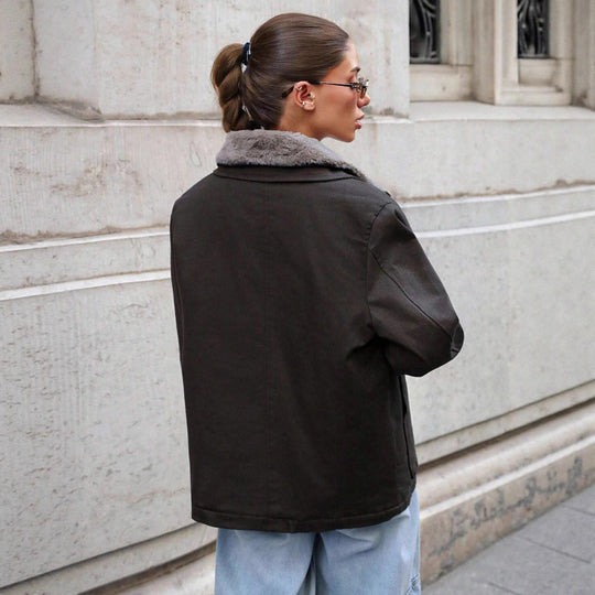 Damen lässige Übergangsjacke mit Kunstfellkragen und praktischen Taschen Heidi-Mode