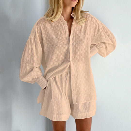 Damen lässiges Hemd-Shorts-Set mit elegantem Webmuster Heidi-Mode