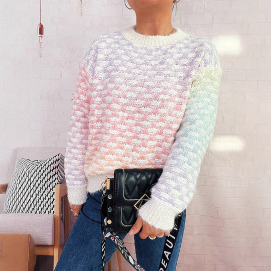 Damen Modischer Strickpullover mit Karo-Muster Heidi-Mode
