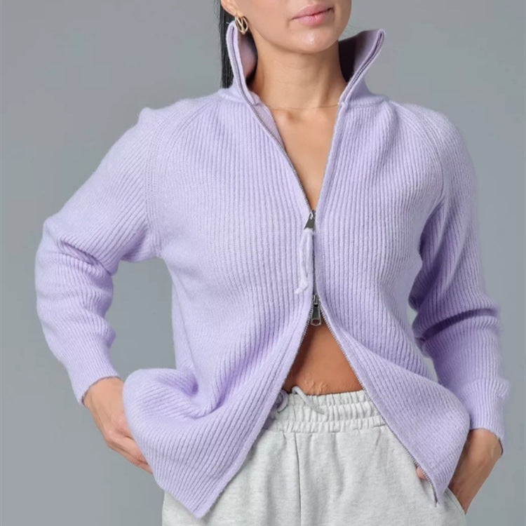 Damen Strickjacke mit hohem Kragen und Reißverschluss Heidi-Mode