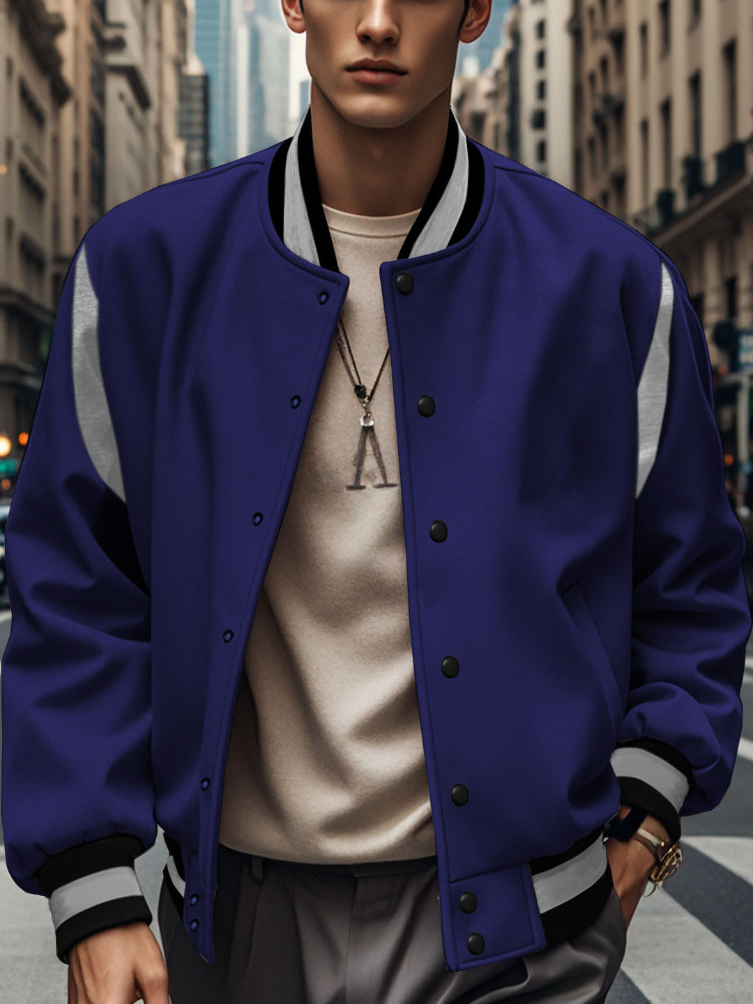 Herren Sportliche Bomberjacke mit kontrastierenden Ärmeln und hochqualitativen Knöpfen Heidi-Mode