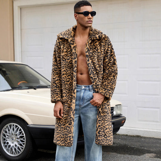 Herren Luxus Kunstpelzmantel mit Leopardenmuster Heidi-Mode