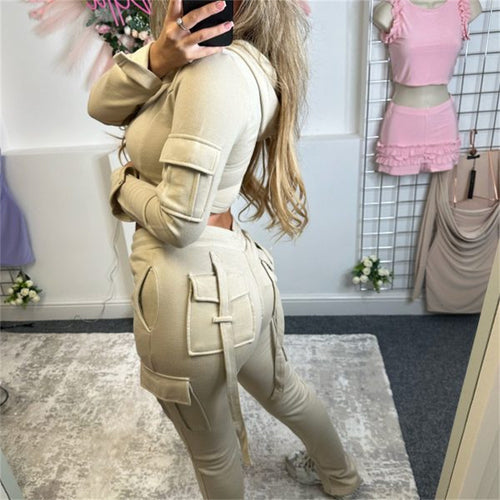 Damen sportliches Crop-Top und Cargo-Hose Set mit funktionsgerechten Taschen Heidi-Mode