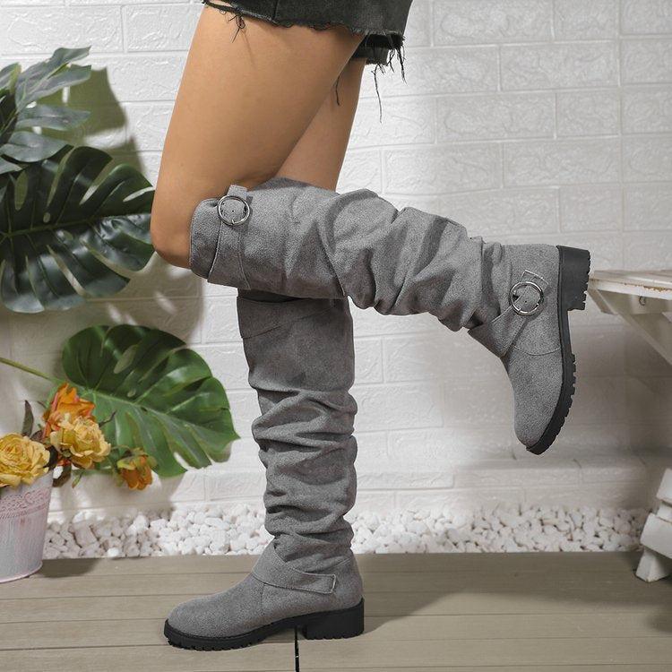 Damen Overknee-Stiefel aus weichem Wildleder mit dekorativem Schnallen-Detail Heidi-Mode