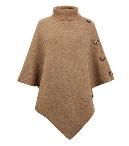 Damen Strick-Poncho mit steigendem Kragen und dekorativen Knopfdetails Heidi-Mode