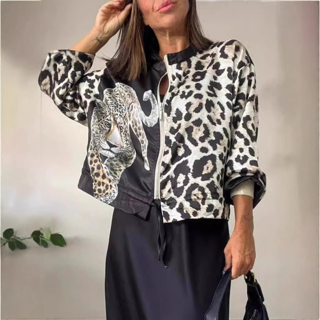 Damen entspannte Bomberjacke mit extravagantem Leoparden-Motiv Heidi-Mode