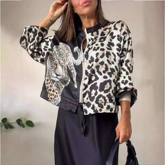 Damen entspannte Bomberjacke mit extravagantem Leoparden-Motiv Heidi-Mode