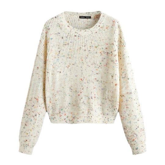 Damen lockerer Rippenpullover mit bunten Akzenten Heidi-Mode