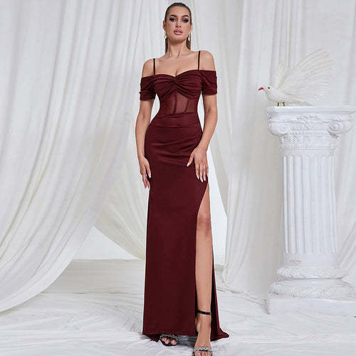 Damen Maxikleid mit schicker Raffung und sexy Schlitz Heidi-Mode