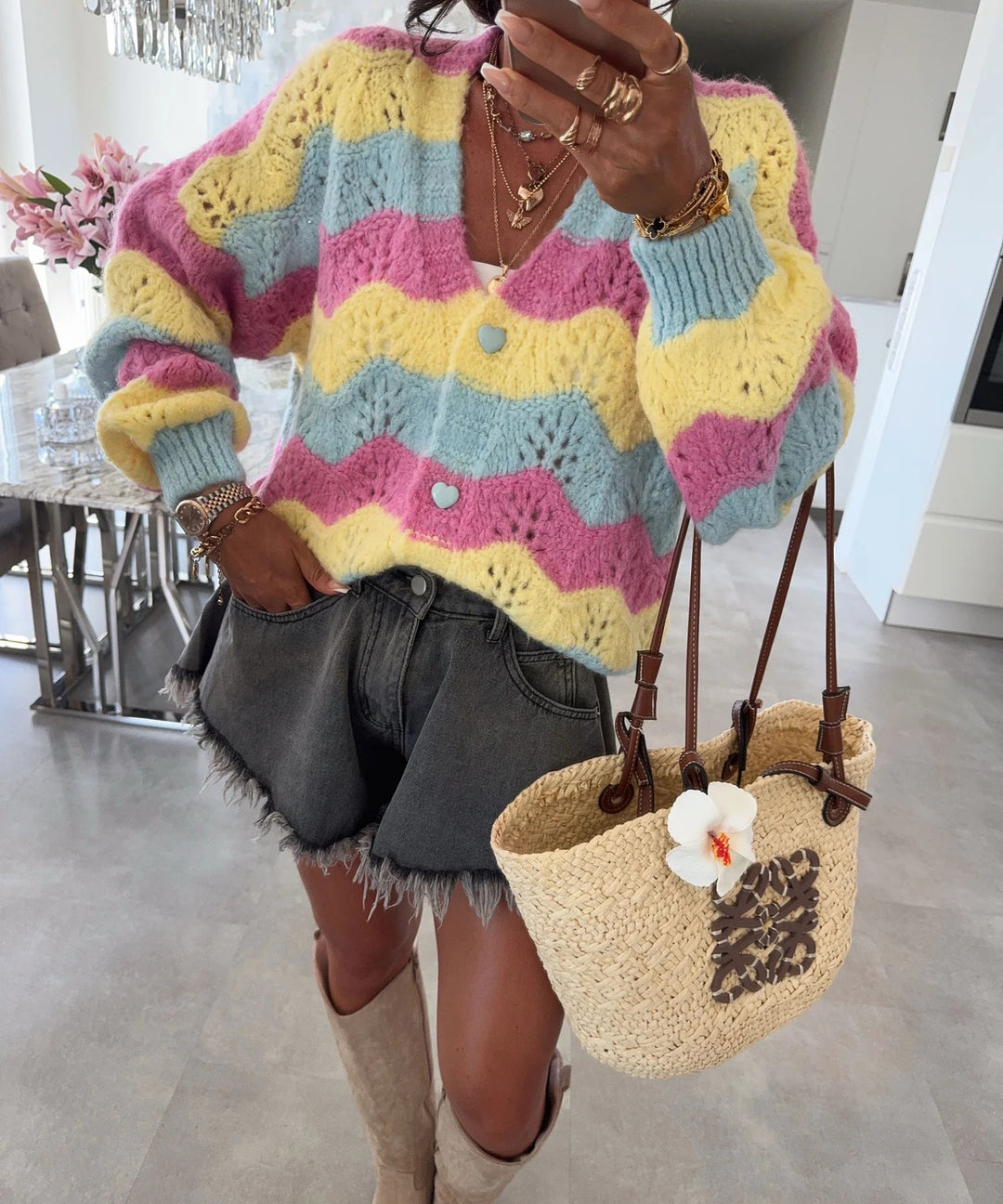 Damen gemütlicher Strickcardigan mit Wellenmuster Heidi-Mode