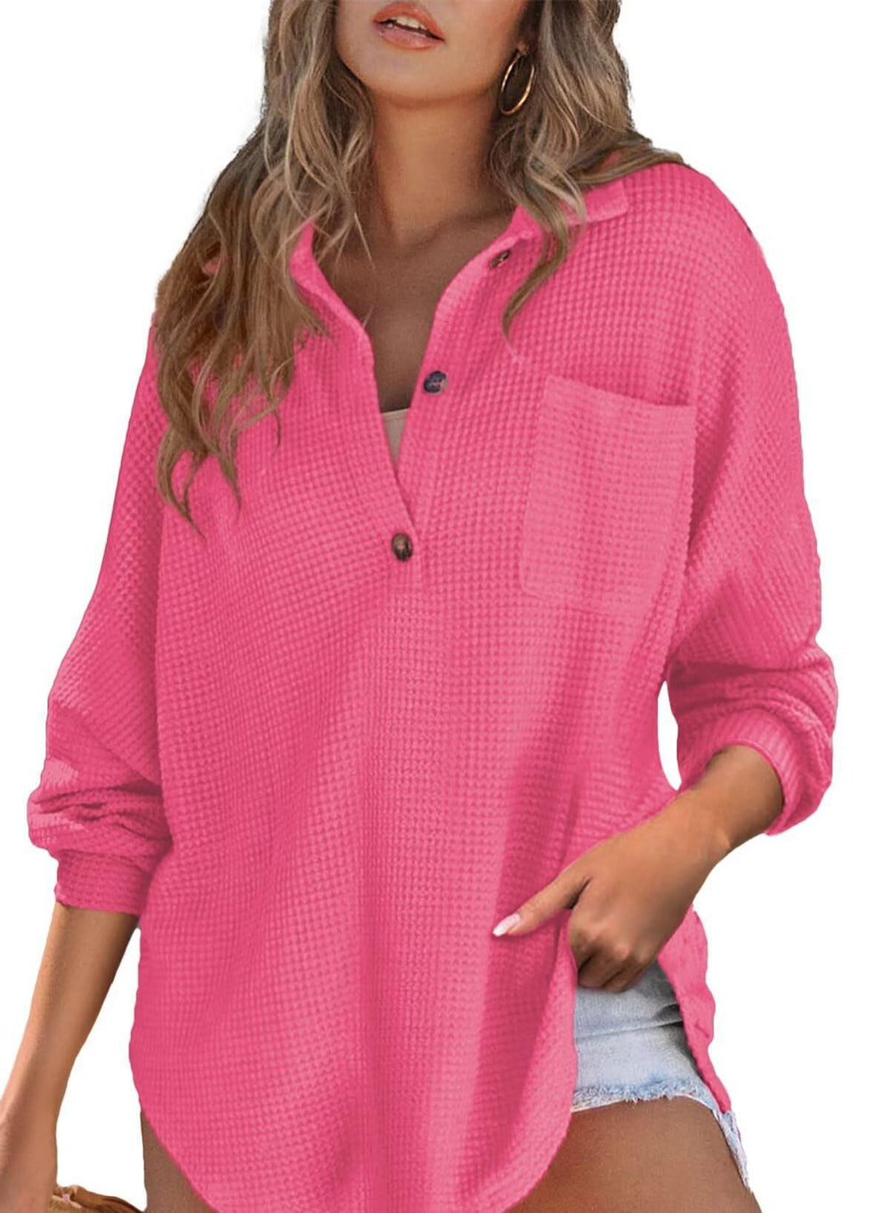 Damen Waffelstruktur-Hemd mit Knopfdetails Heidi-Mode