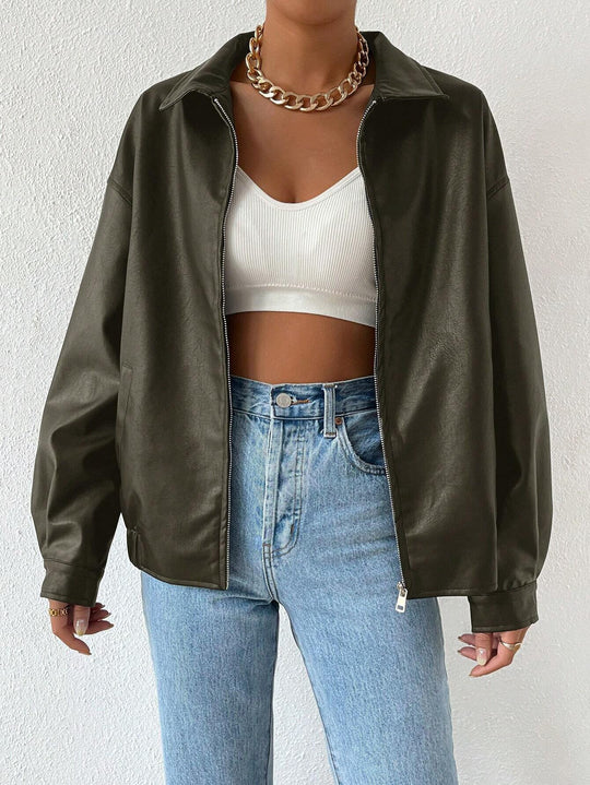 Damen trendige Kunstlederjacke im modernen Schnitt mit lässigem Reißverschluss Heidi-Mode