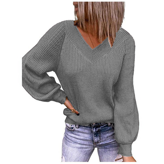Damen Strickpullover mit V-Ausschnitt und voluminösen Ärmeln Heidi-Mode