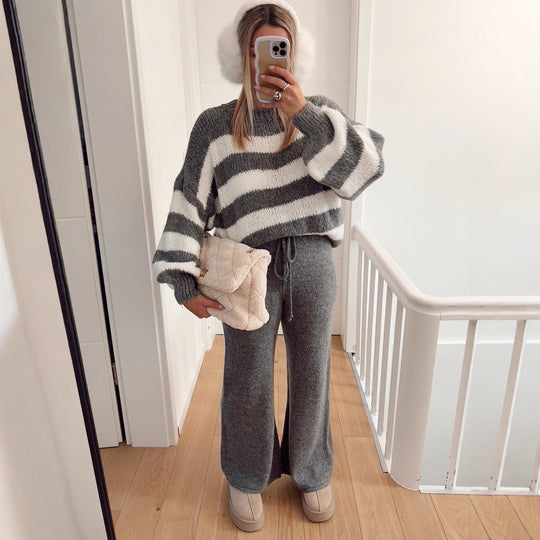 Damen modischer Cropped Pullover mit einzigartigem Streifenmuster und weit geschnittenen Ärmeln Heidi-Mode