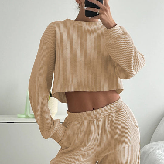 Damen Lässiges Waffeltextur Zwei-Teiliges Outfit Heidi-Mode