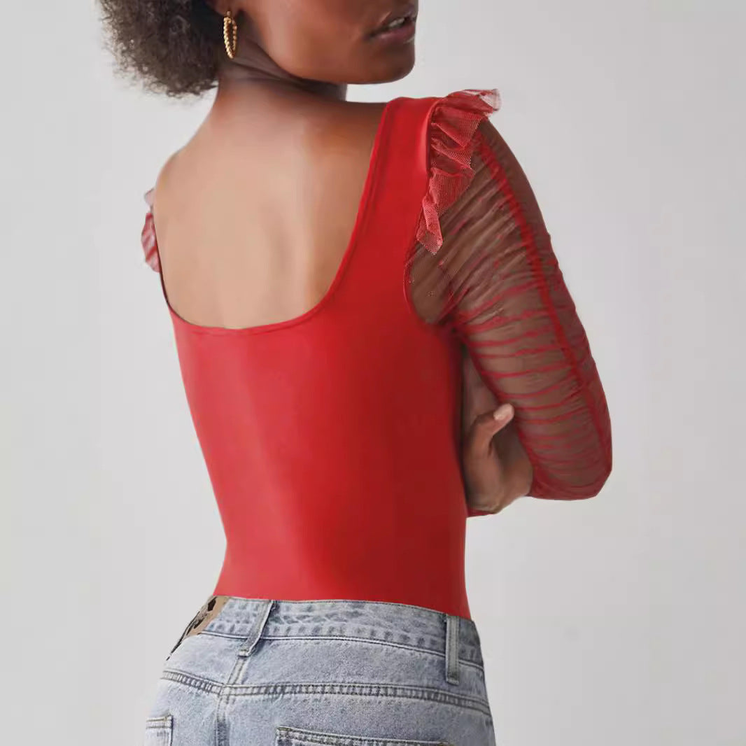Damen Body mit elegantem quadratischen Ausschnitt und luftigen Puffärmeln Heidi-Mode