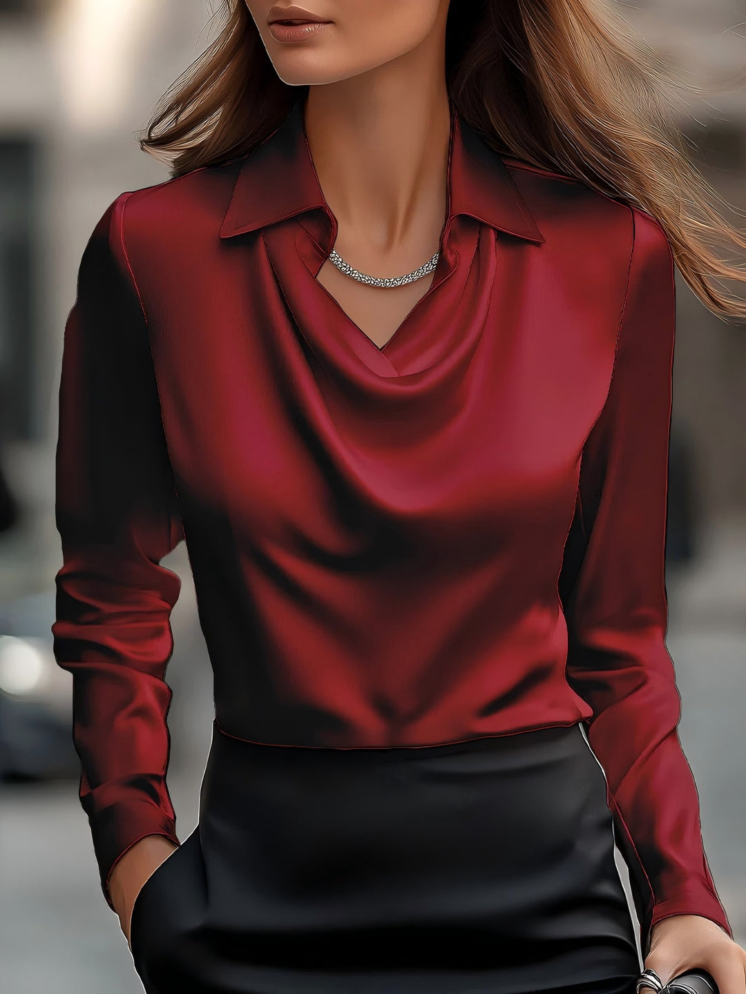 Damen Elegante Bluse mit asymmetrischem Kragen und fließendem Fall Heidi-Mode