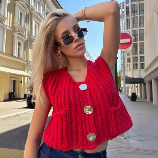 Damen Strickweste mit praktischen Taschen und dekorativen Knöpfen Heidi-Mode