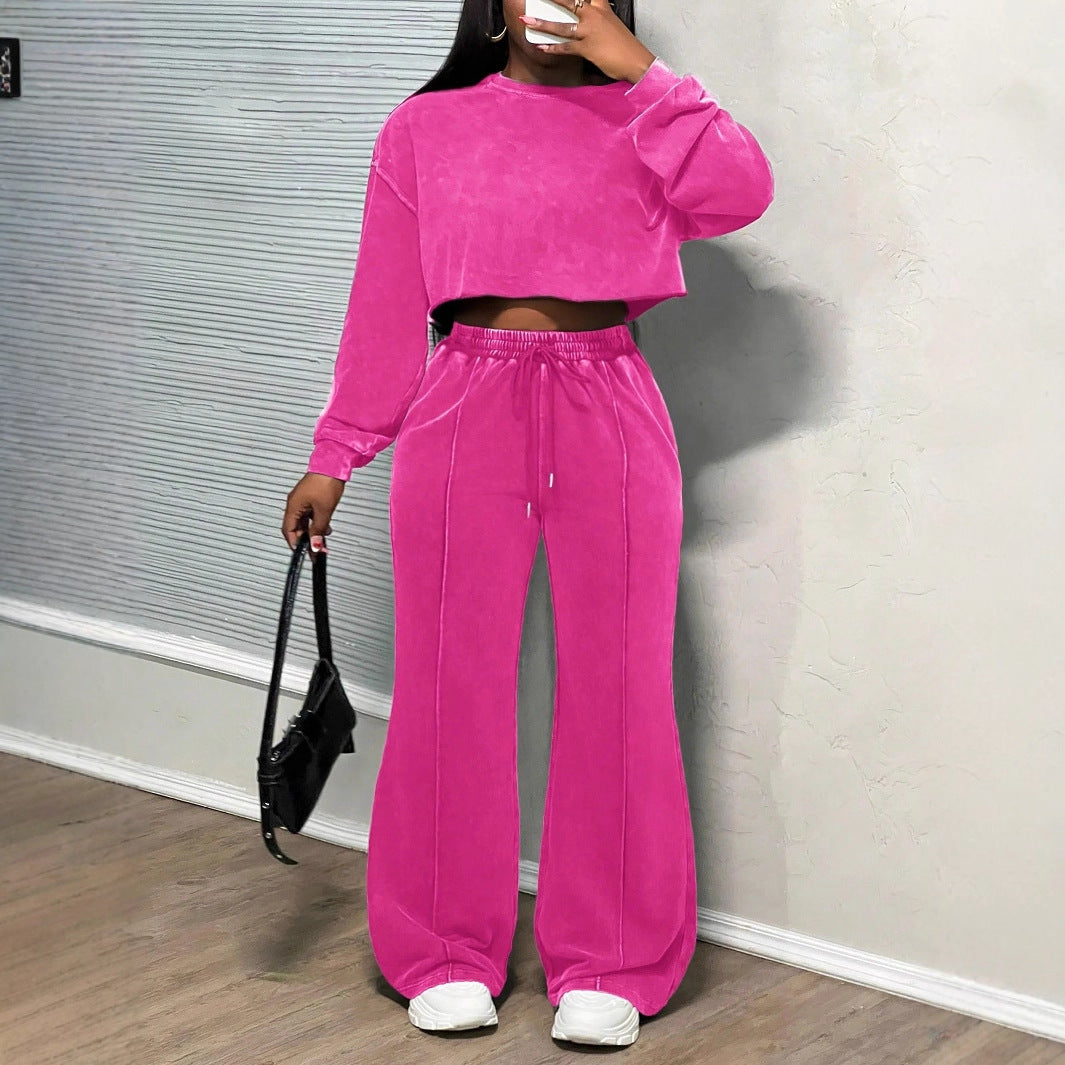 Damen lässiges cropped Lounge-Set mit weitem Hosen und praktischem Kordelzug Heidi-Mode