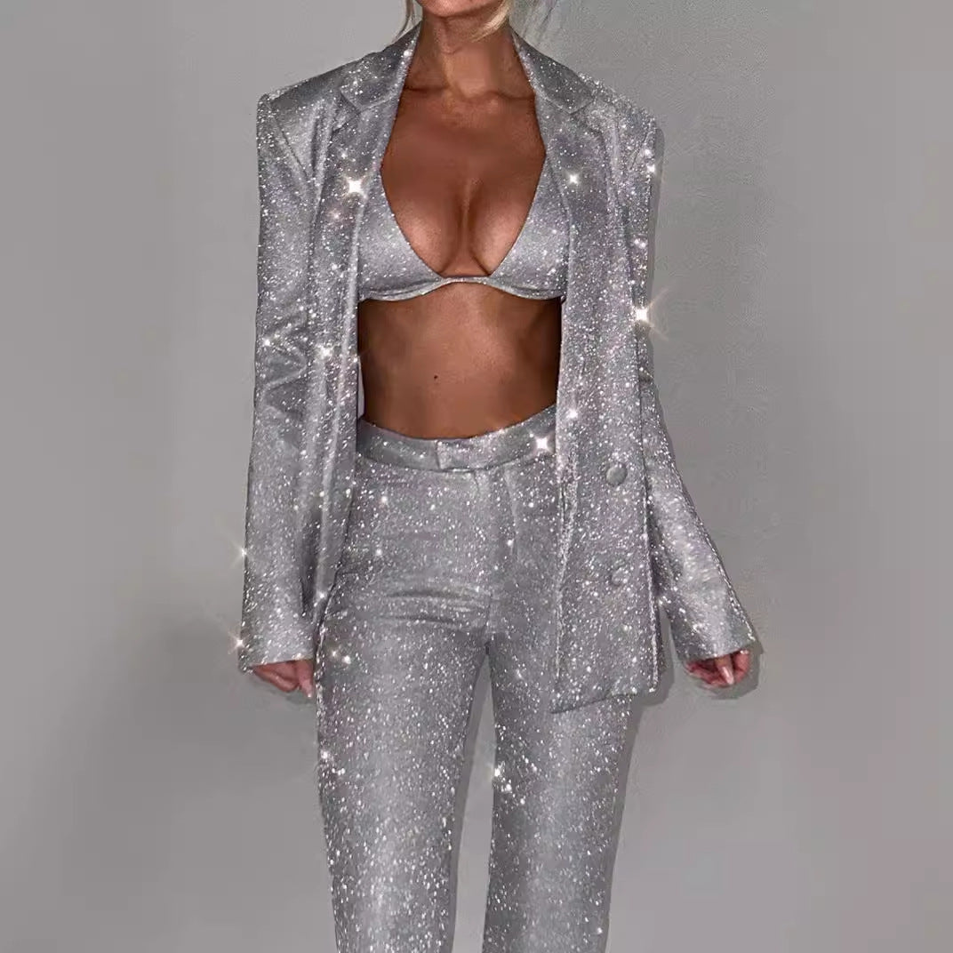 Damen Glitzerndes Anzugset mit Crop-Top und Flared Pants Heidi-Mode