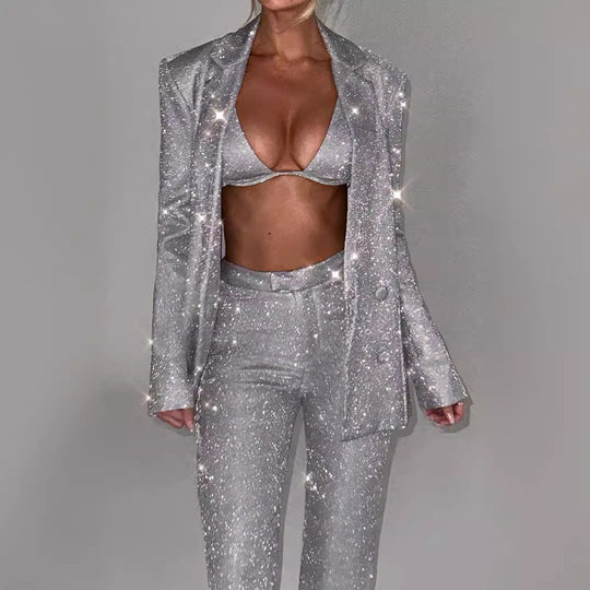 Damen Glitzerndes Anzugset mit Crop-Top und Flared Pants Heidi-Mode