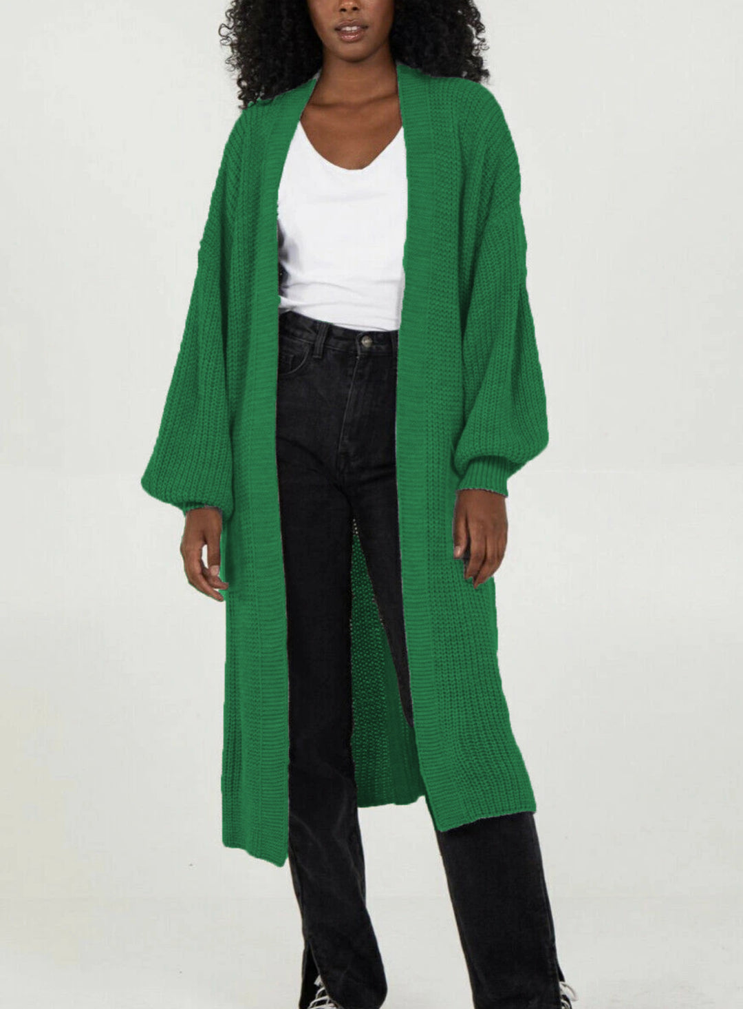 Damen Langer Strickcardigan mit voluminösen Ärmeln und offenem Schnitt Heidi-Mode