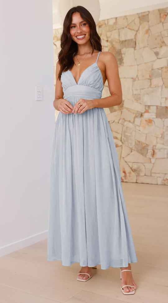 Damen Maxikleid mit schmalen Spaghetti-Trägern und elegantem Wickel-Design Heidi-Mode