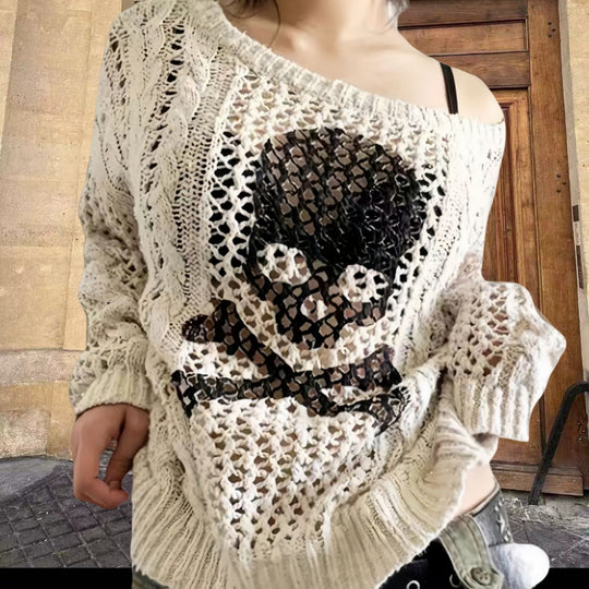 Damen Oversized Strickpullover mit kreativem Lochmuster und Anker-Design Heidi-Mode