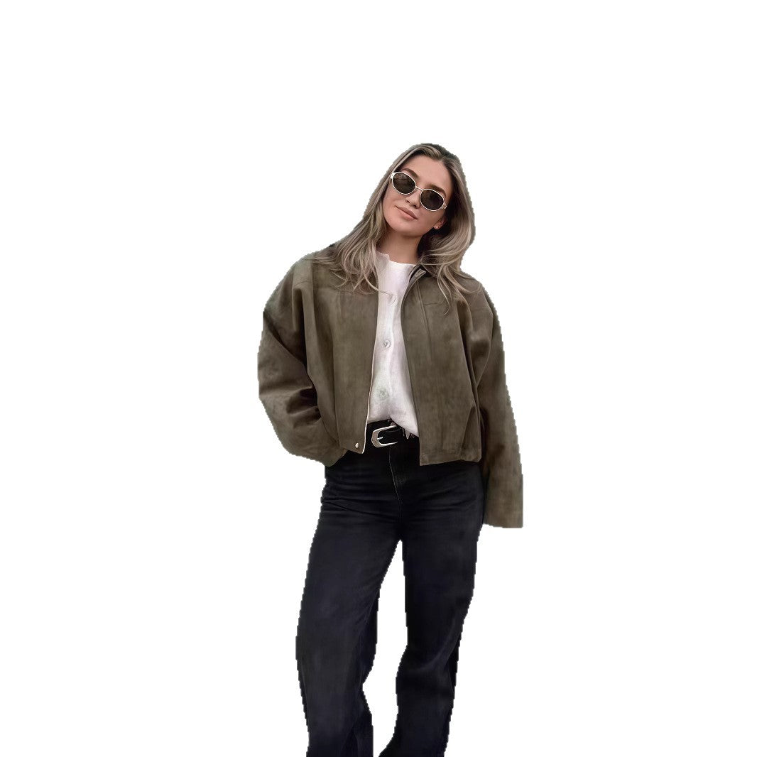 Damen Oversized Freizeitjacke aus hochwertigem Wildlederimitat mit dekorativen Details Heidi-Mode