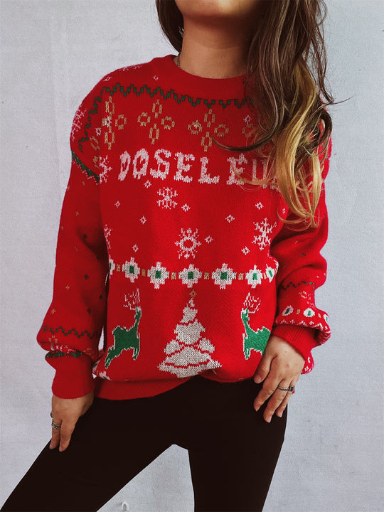 Damen Weihnachts-Pullover mit festlichem Motiv und Rundhalsausschnitt Heidi-Mode
