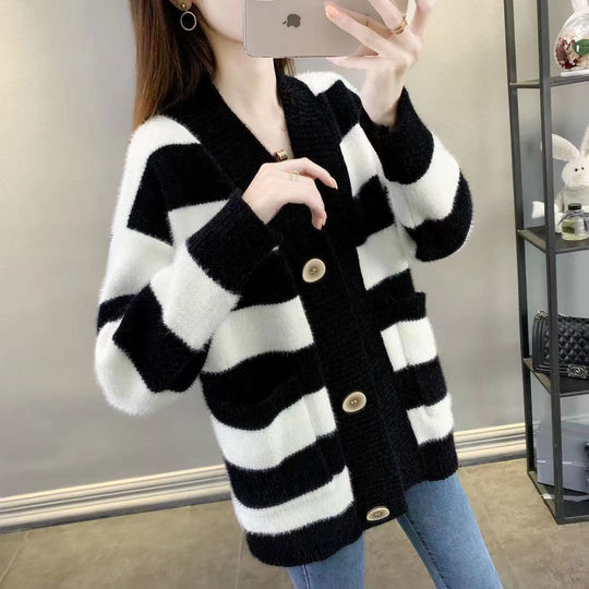 Damen Grobstrick-Cardigan mit Breton-Streifen und praktischen Taschen Heidi-Mode