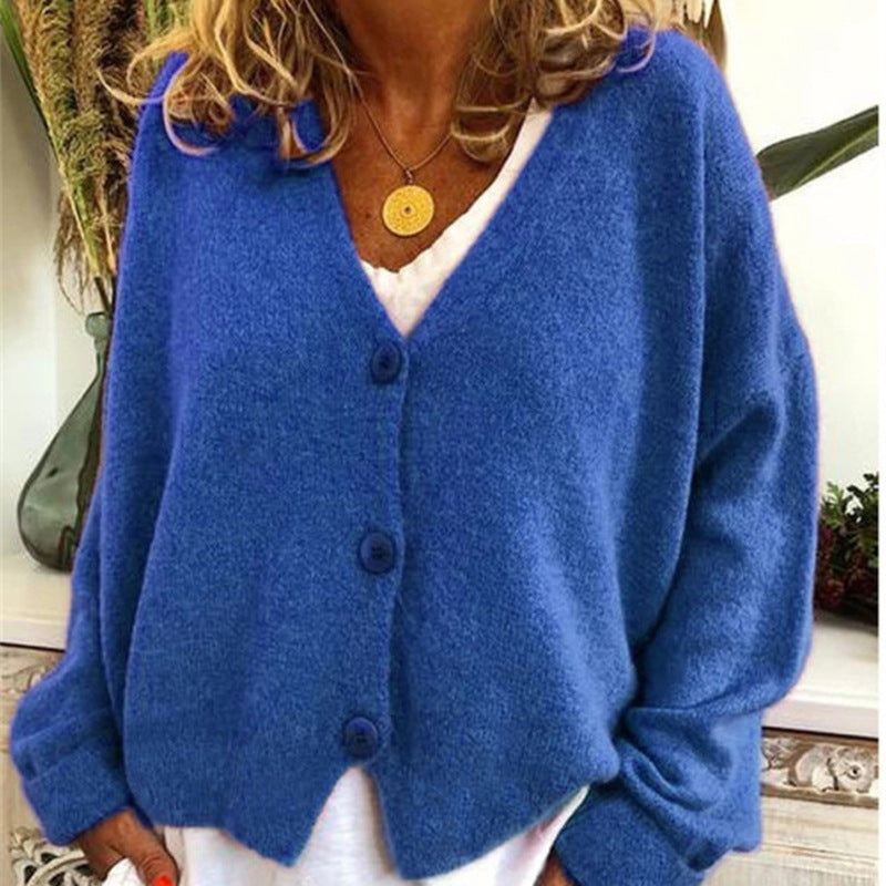 Damen lässiger Strickcardigan mit tiefem V-Ausschnitt und großen Knöpfen Heidi-Mode