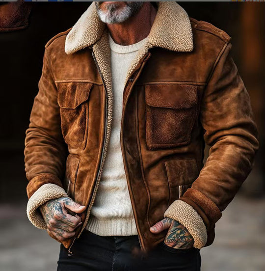 Herren Lederjacke mit warmem Sherpa-Futter und praktischen Taschen Heidi-Mode