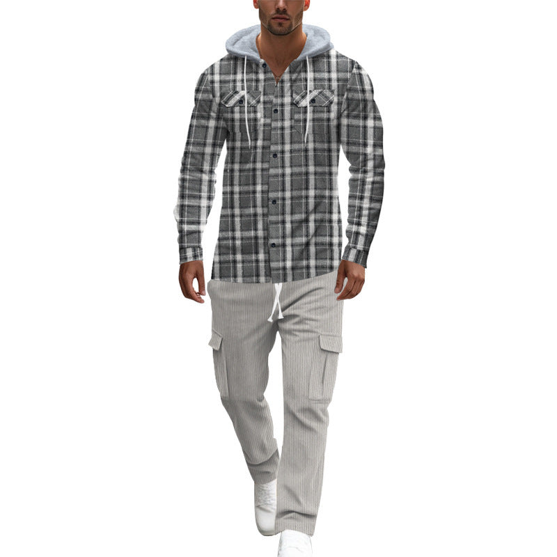 Herren gemusterte Kapuzenshirtjacke mit karierter Struktur und praktischen Taschen Heidi-Mode