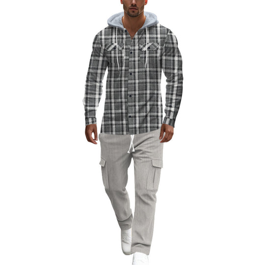 Herren gemusterte Kapuzenshirtjacke mit karierter Struktur und praktischen Taschen Heidi-Mode