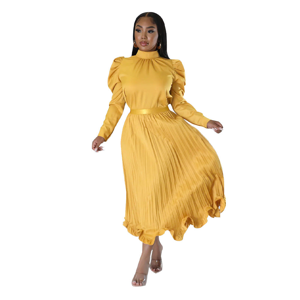 Damen elegantes Plissee-Kleid mit hochgeschlossenem Kragen und Volants Heidi-Mode