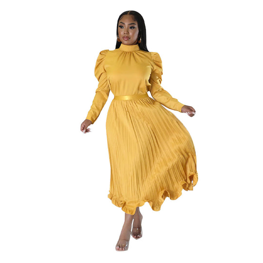 Damen elegantes Plissee-Kleid mit hochgeschlossenem Kragen und Volants Heidi-Mode