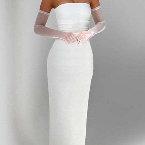 Damen Strapless Maxi-Kleid mit transparenten Ärmelakzenten und figurbetontem Schnitt Heidi-Mode
