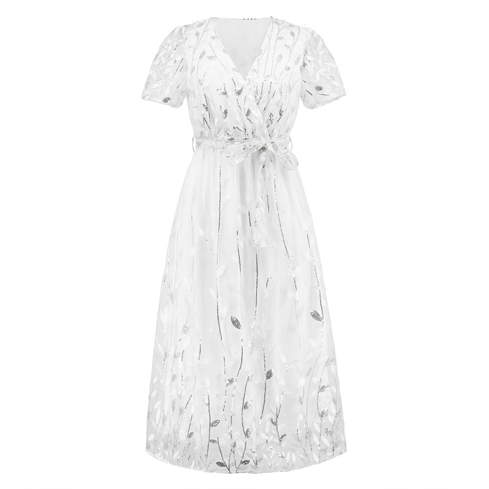 Heidi-Mode | Kurzärmliges Kreuz V-Ausschnitt Gürtel Midi Kleid